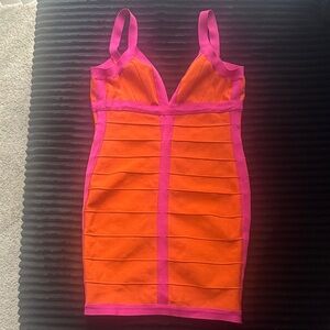 Hot Miami Styles Orange and Hot Pink Bandage Mini Dress
